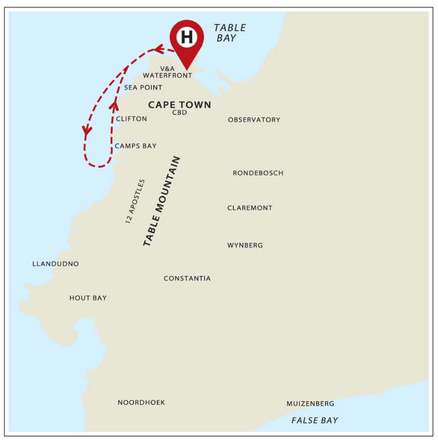 Explore the route from Cape Town to Table Bay, highlighting key locations like V&A Waterfront, Sea Point, and Camps Bay, with a scenic journey along the coast of South Africa's Western Cape.