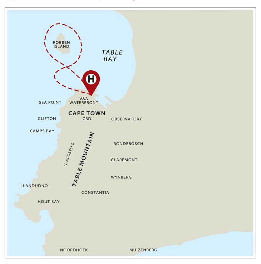 Explore the Cape Town area with this map highlighting key locations like Robben Island, Table Bay, and the V&A Waterfront, perfect for planning your South African adventure.