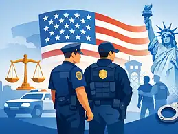 Law enforcement officers near Statue of Liberty with American flag and handcuffs.