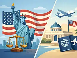 Illustration of U.S. immigration and travel symbols for Adjustment Status vs Consular Processing.
