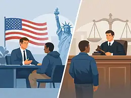 Immigration court and asylum office comparison illustration.