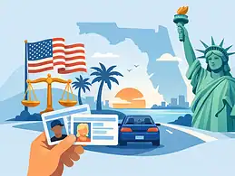 Driving in Florida with foreign licenses, featuring Statue of Liberty and US flags.