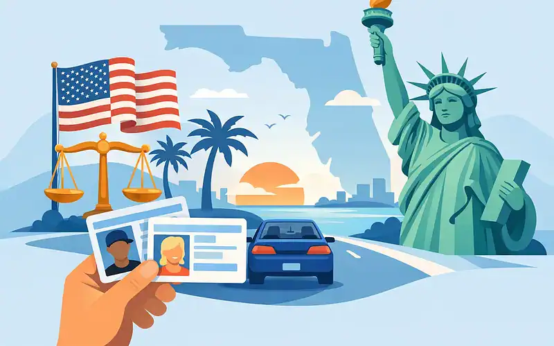 Driving in Florida with foreign licenses, featuring Statue of Liberty and US flags.