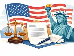 Legal and patriotic symbols including Lady Liberty, scales, and American flag.