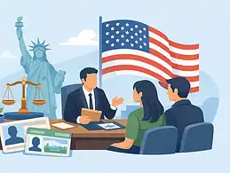 Immigration interview with US flag and Statue of Liberty in background.