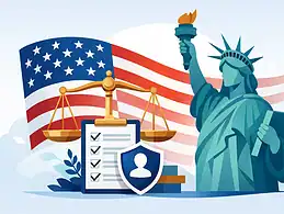 Statue of Liberty with American flag and legal documents for USCIS.