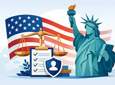 Statue of Liberty with American flag and legal documents for USCIS.