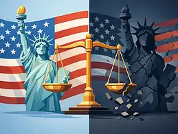 Divided Statue of Liberty with American flag and cracked statue on dark background.
