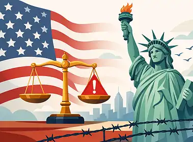 Statue of Liberty with American flag and scales of justice, barbed wire in foreground.