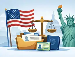 Legal and immigration symbols with US flag and Statue of Liberty.