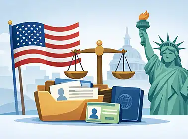 Legal and immigration symbols with US flag and Statue of Liberty.