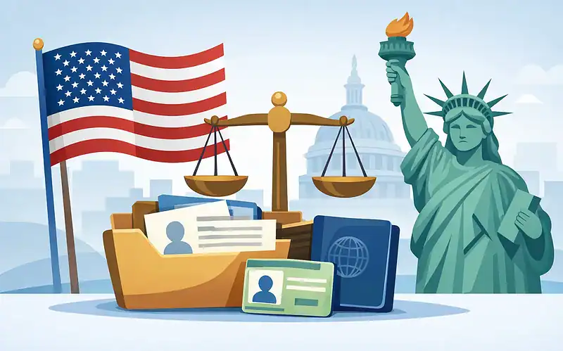 Legal and immigration symbols with US flag and Statue of Liberty.
