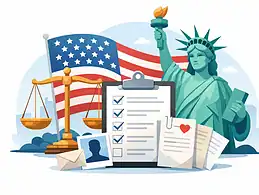 Legal and immigration documents with American flag and Statue of Liberty.