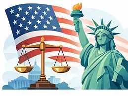 Statue of Liberty with American flag and scales of justice in background.