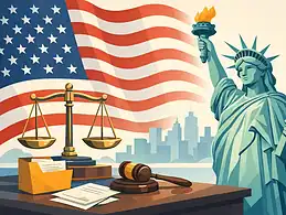 Legal and immigration symbols with Statue of Liberty and American flag.