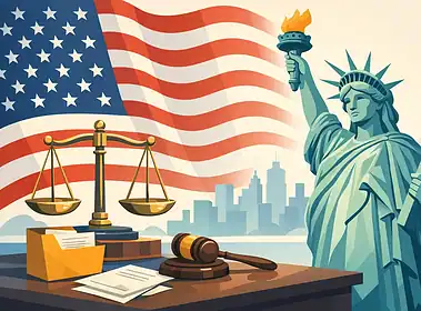 Legal and immigration symbols with Statue of Liberty and American flag.