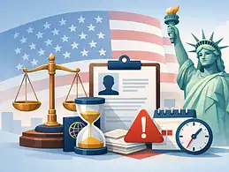 Legal and immigration symbols with American flag background.