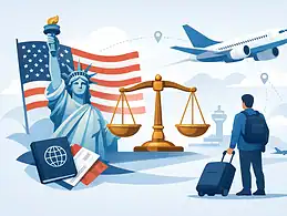 Travel and legal symbols with Statue of Liberty and airplanes for international travel.