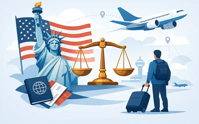 Travel and legal symbols with Statue of Liberty and airplanes for international travel.