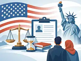 Legal and immigration symbols with American flag and Statue of Liberty.