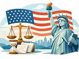 Statue of Liberty with American flag and legal symbols in the background.