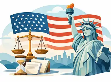 Statue of Liberty with American flag and legal symbols in the background.