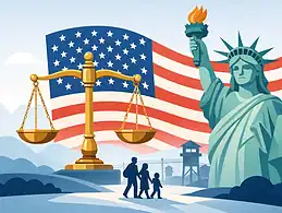 Statue of Liberty with American flag and scales of justice in background.
