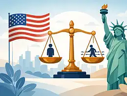 Legal balance scale with US flag and Statue of Liberty in background.