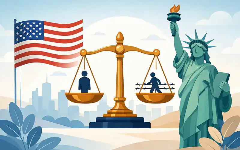 Legal balance scale with US flag and Statue of Liberty in background.