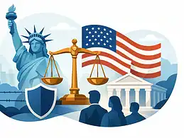 Statue of Liberty, American flag, courthouse, and legal symbols representing immigration law.