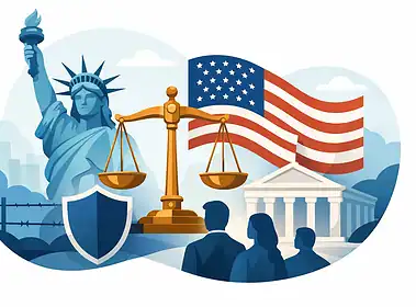 Statue of Liberty, American flag, courthouse, and legal symbols representing immigration law.