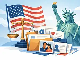 Legal documents and American symbols related to immigration and citizenship.