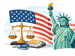 Statue of Liberty with American flag and legal symbols for asylum claims.