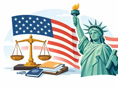 Statue of Liberty with American flag and legal symbols for asylum claims.
