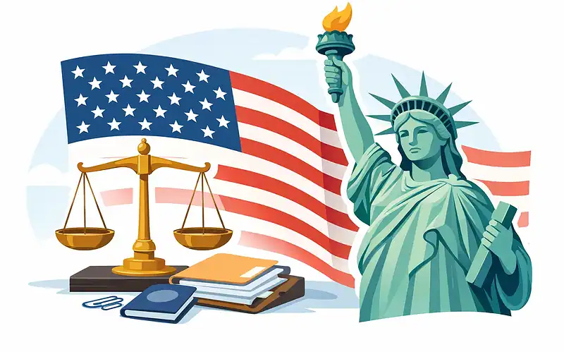 Statue of Liberty with American flag and legal symbols for asylum claims.