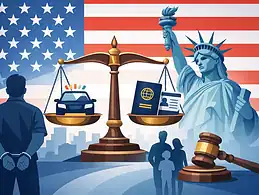 Legal justice concept with scales, police car, and Statue of Liberty against US flag.