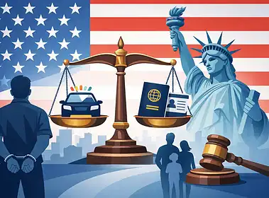 Legal justice concept with scales, police car, and Statue of Liberty against US flag.