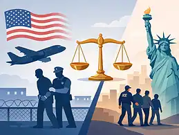 Immigration enforcement and legal process imagery with Statue of Liberty and border patrol.
