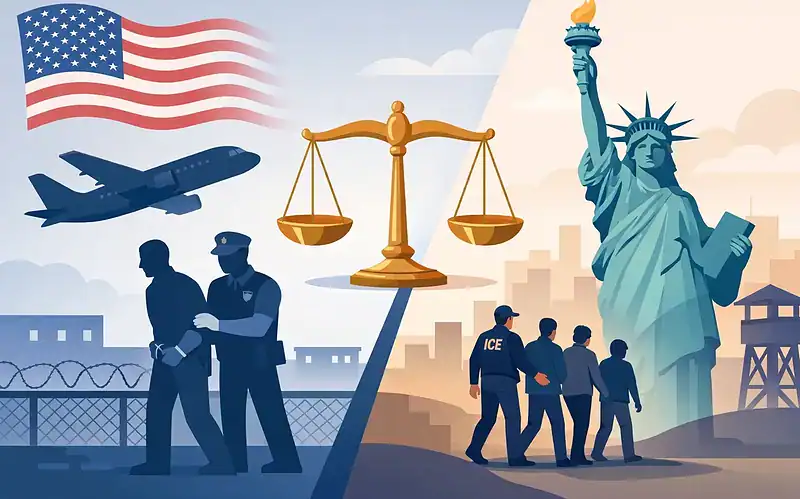 Immigration enforcement and legal process imagery with Statue of Liberty and border patrol.