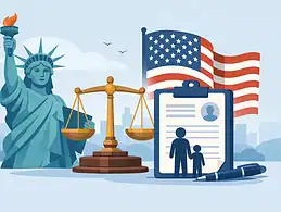 Legal and immigration symbols with American flag and legal document.
