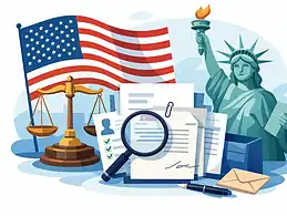 Legal and immigration documents with American flag and Statue of Liberty.
