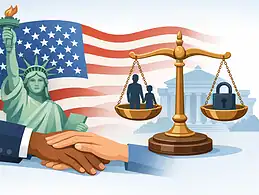 Legal and immigration symbols with handshake and American flag background.