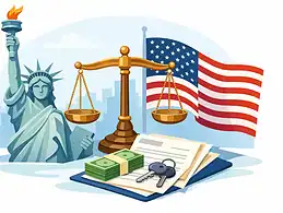 Legal symbols including Lady Justice, American flag, and legal documents.