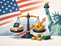 Legal and financial symbols with US flag and Statue of Liberty.