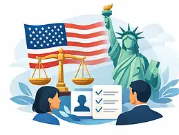 Legal and immigration symbols with the Statue of Liberty and American flag.