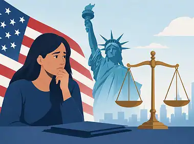 Woman contemplating legal issues with American flag and Lady Liberty in background.