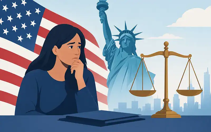 Woman contemplating legal issues with American flag and Lady Liberty in background.
