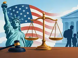 Legal symbols with American flag and courthouse background for immigration court.