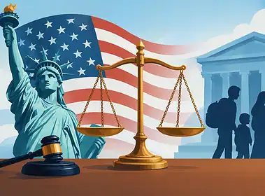 Legal symbols with American flag and courthouse background for immigration court.