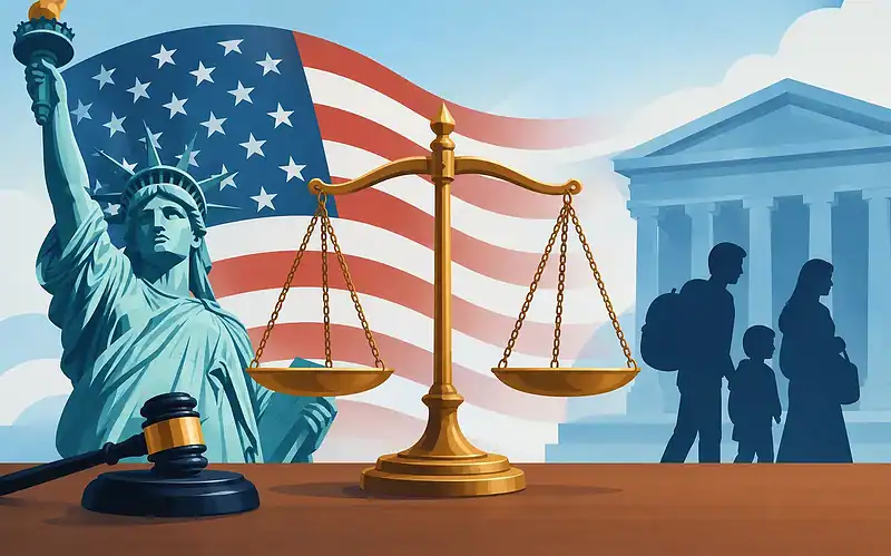 Legal symbols with American flag and courthouse background for immigration court.